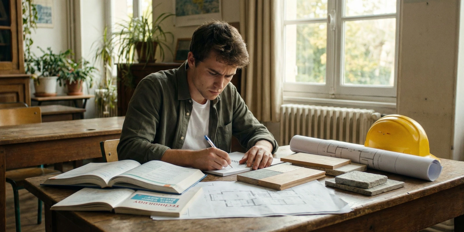 Annales BP Maçon : Sujets Corrigés de Maths, Technologie et Anglais pour s'Entraîner Candidat au BP Maçon révisant des annales et sujets corrigés sur un chantier